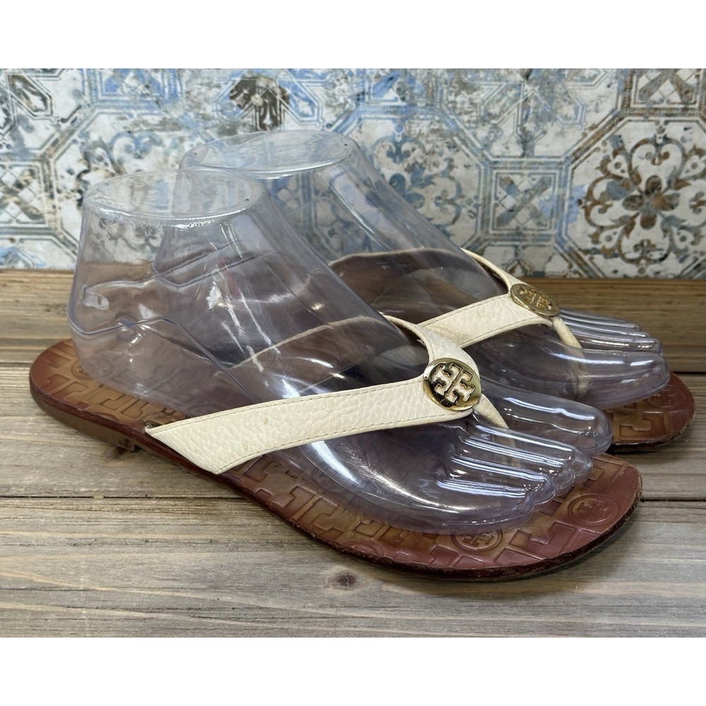 Tory Burch Thora Thong Sandals Beige Leather Gold Logo Size 8 Women’s